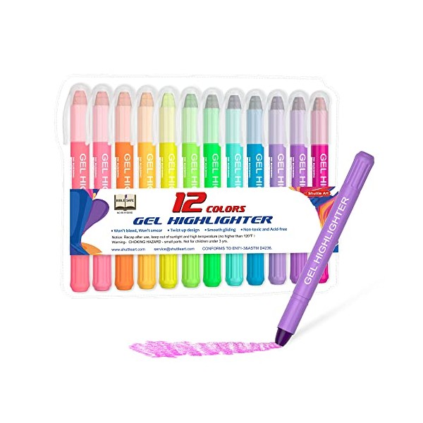 Shuttle Art 12 Assorted Colors Gel Highlighters,Bible Highlighters,No Bleed Through,