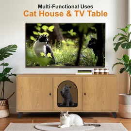 QuicMiou Cat Litter Box Enclosure for 2 Cats, Modern Hidden Litter Box Furniture with Double Room, Large Cat House Washroom Cabinet with Scratch Pad, 46.5" x 19.7" x 19.7" (Natural Oak)