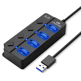 HORJOR USB 3.0 Hub USB Splitter Multi USB Port with Separate Switch and LED Indicators, 4 USB Hub Ports with 1 USB 3.0 & 3 USB 2.0 Port for Fast Data Transfer & Charging