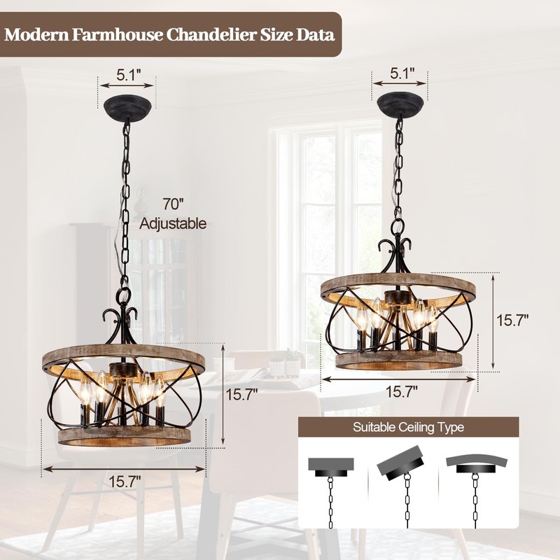 5-Light Farmhouse Wood Chandelier,Rustic Drum Chandelier,Black Vintage Chandelier for Dining