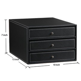 PUSU Desk Organizer with Drawers, 3 Drawer Storage Organizer, PU Leather Desktop Storage Drawers for Office Supplies/A4 Paper/Magazine/Book, Desk Storage Box with Drawers for Office, School, Home