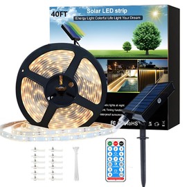 Meewata 40ft Solar Led Strip Lights Outdoor, 8 Mode with Remote Timer and Auto On/Off, Self-Adhesive Waterproof, Great for Yard, Garden, Stair, Sidewalk Decor, Warm White