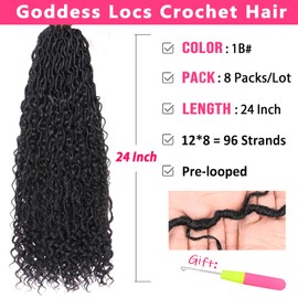 RuiYok RuiYok 24 Inch Goddess Locs Crochet Hair 8 Packs Faux Locs Crochet Hair for Black Women Pre-looped Bohemian Locs Crochet Braids with Curls Boho Soft River Locs Crochet Braiding Hair Extensions 1B#