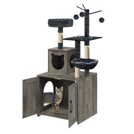 Cat Tree with Litter Box, Wood Litter Box Enclosure with Food Station, Modern Cat Tower for Indoor Large Cats with Large Platform,Cat Condo with Scratching Posts, Hammock, Caves, Basket,Grey