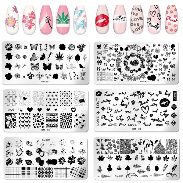 6pcs Nail Art Stamping Plates Set Manicuring Accessories Butterfly Leaves Flowers Fruits Geometry Heart Love Image Template for DIY Tips Decoration