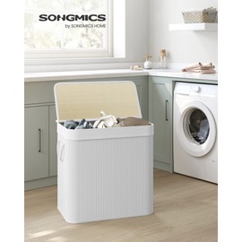SONGMICS Laundry Hamper, 39.6 Gallons (150L), 3-Section Laundry Basket, Laundry Hamper with Lid, Bamboo, Foldable, Removable and Machine Washable Liner, for Laundry Room, Bedroom, White ULCB091W01