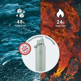 BUZIO Botella de agua de 1,1 l aislada, termo de acero inoxidable de triple pared con vacío (fría durante 48 h), jarra metálica con boca ancha libre de BPA a prueba de fugas con 2 tapas, verde salvia