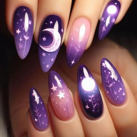 Press on Nails Medium Almond Fake Nails Purple False Nails with Moon Star Design Glue on Nails Ombre Acrylic Nails Glossy Full Cover Stick on Nails for Women Manicure 24Pcs