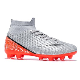 Favdeol Boys Girls Soccer Cleats Kids Soccer Shoes High Top Training Youth Football Cleats Outdoor Football Shoes Grey Orange,1