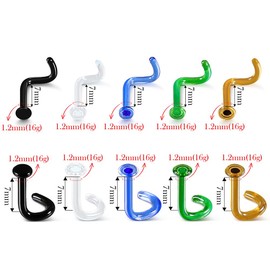 BOKABOO 10Pcs Glass Nose Studs Retainers Set, Flat Top Nose Screw Style for Work, Surgery, MRIs, CT, Hypoallergenic, 16g, 7mm Bar Length, 5 Colors