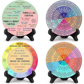 2 Pcs Feelings Wheel Therapy Office Decor, Double Sided 7 Inch Diameter Mental Health Decor Emotion Wheel with Stand, Wooden Coping Wheel Chart Gifts for School, Therapy Office
