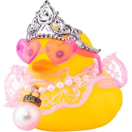 wonuu Car Rubber Duck Decoration Cute Car Accessories Car Ducks for Dashboard with Dress Heart Shape Sunglasses Necklace, Pearl Pendant Chain-Pink Lace