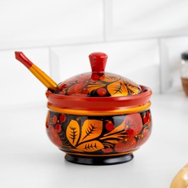 Hand-Painted Traditional Russian Khokhloma Sugar Bowl with Spoon, Multicolor