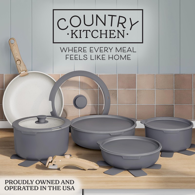 Country Kitchen Cookware Set with Removable Handle, Oven & RV