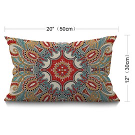BGBDEIA Paisley Flower Cushion Cover Traditional Ethnic Floral Red Teal White Waist Lumbar Cotton Linen Home Living Room Decorative Throw Pillow Cover 12x20 Inch Rectangle Waist Pillowcase 30x50 cm