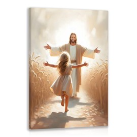 FASWQ Framed Jesus and Child Wall Art, Jesus Welcoming Little Girl Wall Decor, Minimalist Religious Savior Canvas Painting, Modern Christian Bible Aesthetic Picture for Church Prayer Areas 16"x24"