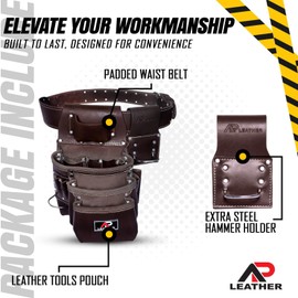 Ap Leather Pro-015 Leather Tool pouch For Construction,Heavy Duty Hammer Holder,Buckle,3 Pocket Large with Belt, 12 small Pocket, Tool Organizer (Chocolate)