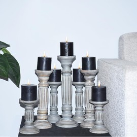 Handmade Mango Wood Eco-Friendly Traditional Antique Dusk Set of Seven 6",9",12",15",12",9" & 6" Pillar Candle Holder