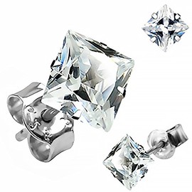 Cubic Zirconia Stud Earrings 925 Sterling Silver Square Women's Men's Earrings Black Clear, Silver