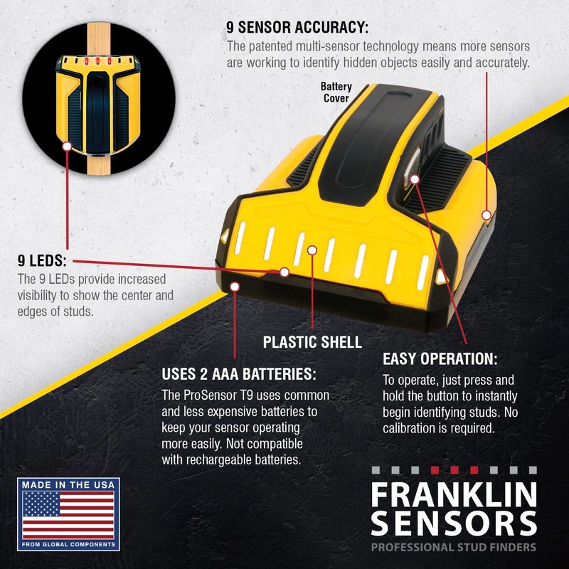 Franklin Sensors ProSensor T9 Stud Finder with 8-Sensors, Wood &