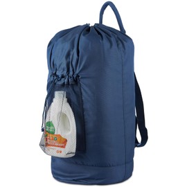 Laundry Bag Backpack, Large Laundry Bag with Detergent Holder and Adjustable Shoulder Straps, Clothes Laundry Backpack for College, Travel, Apartment, Laundromat, Dorm Room (Blue)