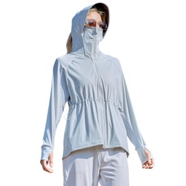 PAFHL Women's UV Protection Hoodie, Cooling Sensation, Rash Guard, Sun Protection, Breathable, Quick Drying, Thin, UPF50+, Long Sleeve, Hooded, Finger Holes, Waist String, gray (light gray), XL