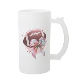 Elanze Designs Sports Freezable Beer Stein Mug With Thumb Grip Handle 16 Ounce Frosted Glass, Football With Glitzy Glam Disco Coquette Bow