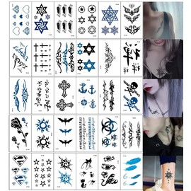 tuzuru Temporary Tattoos, 30 Stickers, Skulls, Tribal, Feathers, Hearts, Writing, Waterproof, Bonus Included
