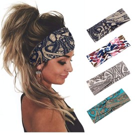 Yean Boho Wide Headbands Black Stretch Hair Bands Elastic Turbans Stylish Head Wraps for Women and Girls (Pack of 4) (vintage)