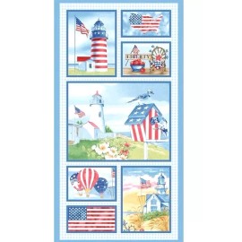 Blank Quilting - Patriotic Lighthouse Quilting Fabric Panel With American Flag