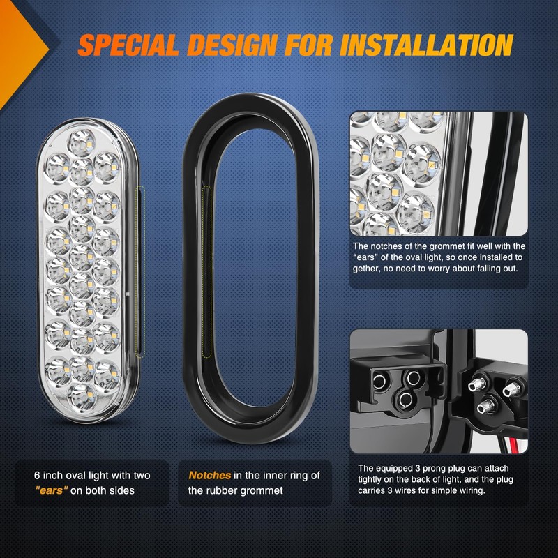 Nilight 6Inch Oval Trailer Tail Light 2PCS White 24LED Back