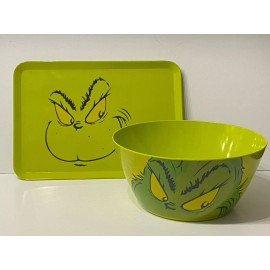DR SEUSS GRINCH CHRISTMAS GREEN FACE MELAMINE TRAY PLATTER & 10" SERVING BOWL SET OF 2