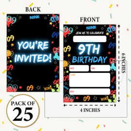 Beshoul Birthday Invitations - Glow Neon 9th Bday Invites with Envelopes for Boys Girls(25-Count) - Digital Party Invite Cards for Party Supplies Favors Decorations-H04
