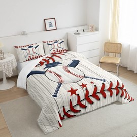Castle Fairy Teens Baseball Print Comforter Set Queen Size,Vintage Wood Bedding Set for Kids Boys Girls Bedroom Decoration,White Red Navy Bed Duvet Insert,Sports Comforter with 2 Pillowcase