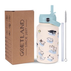 Goetland Cats Dogs Water Bottle with Straw Lid 20 oz Stainless Steel Wide Mouth Vacuum Double Insulated Drinking Cup Cute Printing UV Leakproof For Women Girls Kids Light Blue