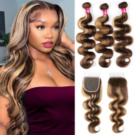 Teveshine Brown Ombre Human Hair Bundles with Closure Body Wave Bundles Human Hair with 4x4 Lace Closure Free Part 16 18 20+16inch 100% Brazilian Hair bundles and Closure