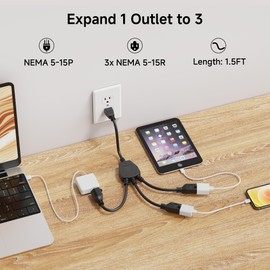 [ETL Listed] Cable Matters 2-Pack 3 Outlet Power Splitter Cord - 1.5ft, NEMA 5-15P to 3X NEMA 5-15R, 16 AWG Outlet Saver, 3 Way Extension Cord Splitter