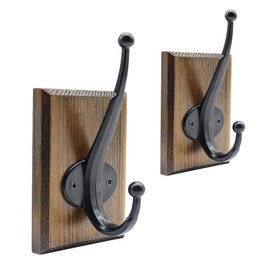 Lomuke Towel Hooks for Bathroom Wall Mounted, 2 Pack Farmhouse Rustic Wall Hooks for Hanging Robe Hat Keys, Heavy Duty Wood Black Coat Hooks for Kitchen Bedroom Decorative (Weathered Brown)