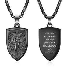 Rnivida Archangel St. Michael Medal Pendant Necklace, Stainless Steel Christian Jewelry for Men Women (Black - Philippians 4:13)