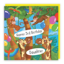 Hunts England - Daughter 3rd Monkey Birthday Card - Happy 3rd Birthday - Daughter - Monkeys, Giraffes & Parrots Kids Birthday Card - Jungle Collection