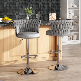 AWQM Velvet Bar Stool Set of 2,Counter Height Barstools Adjustable Kitchen Island Chairs,Swivel Bar Stool Upholstered Bar Chairs Counter Stool with Back & Footrest, Grey