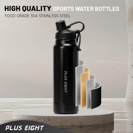 pluseight 32 oz Insulated Water Bottle With Straw, Stainless Steel Water Bottle Wide Mouth for Sports, Gym or Office, BPA-Free Keep Cold 24H Hot 12H (Black)