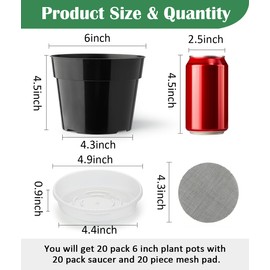 RooTrimmer 20 Pack Plant Pots, 6 Inch Plastic Plant Planter with Saucers and Mesh Mats, Durable Flower Pots with Drainage Holes Perfect for Indoor Outdoor, Black