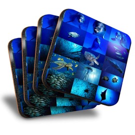 Destination Vinyl ltd Great Coasters (Set of 4) Square - Marine Life Collage Ocean Dive Diver Drink Glossy Coasters/Tabletop Protection for Any Table Type #8936