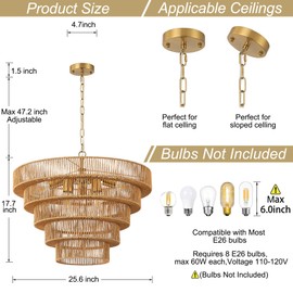 Giutna 25.6" Rattan Boho Chandelier Light Fixture, 8-Light Large Wicker Drum Chandelier with 5-Tier Rattan Lampshade, Rattan Pendant Light Ceiling Flush Mount for Dining Room Kitchen Bedroom(Yellow)