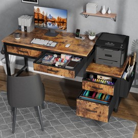 Lufeiya Computer Desk with Fabric File Drawers Cabinet, 57 Inch Home Office Desks with Filing Cabinet Printer Stand for Small Space, Study Writing Table PC Desks for Bedroom, Brown