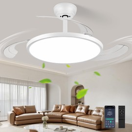 Styloravive 48" Retractable Ceiling Fan with Lights, Slim Fandelier Ceiling Fans with Lights and Remote, Dimmable 6 Speed Silent Modern Ceiling Fan with Light for Bedroom Living Room Kitchen-White