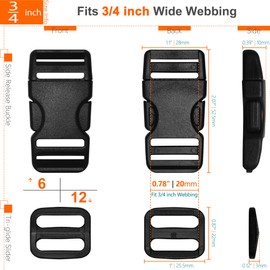 HISUNTEC Buckles for 3/4" Straps: 6 set Side Release Buckle and 12 pcs Tri-Glide Sliders Fit 0.75 inch (20 mm) Wide Nylon Webbing, Plastic Snap Clips Quick Fasteners Replacement Dual Adjustable
