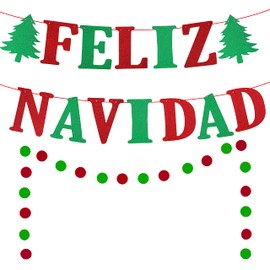 Feliz Navidad Banner Christmas, Red Green Glitter Mexican Spanish Christmas Banner, Christmas Garland, Feliz Navidad Decorations for Home, Christmas Party Mantel Fire Place Decorations (Pre-assembled)