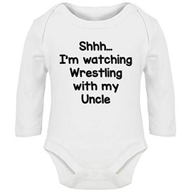 Hippowarehouse I'm Watching Wrestling with My Uncle Baby Vest Bodysuit (Long Sleeve) Boys Girls White